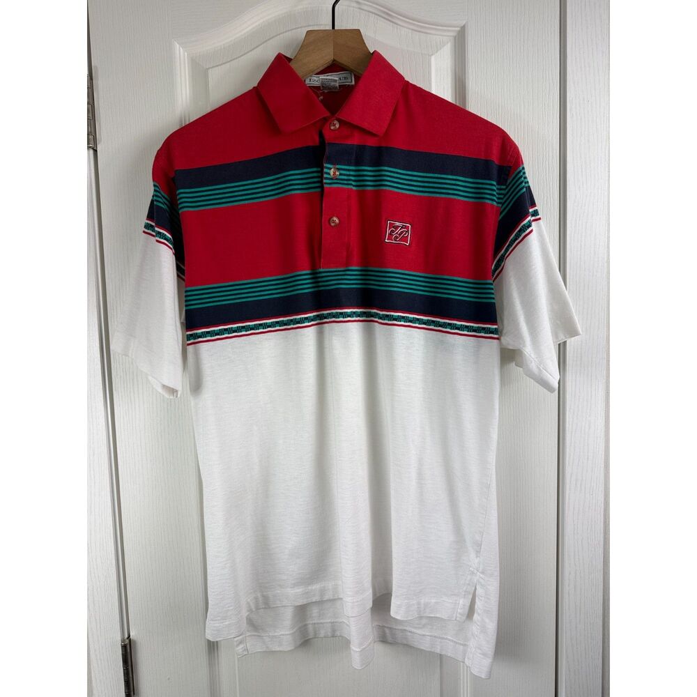IZOD Club Men’s Polo Shirt M Red White Navy Teal Stripe Retro Golf Preppy